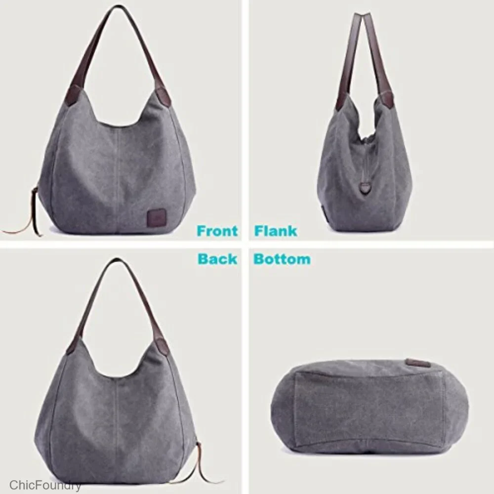 Multi-Pocket Canvas Shoulder Bag Tote Purse with Magnetic Snap Closure